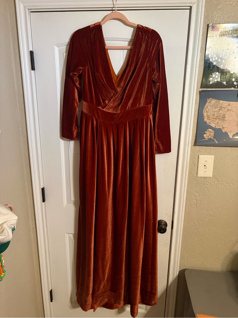 Rust Velvet Long Sleeve Wrap Maxi Dress